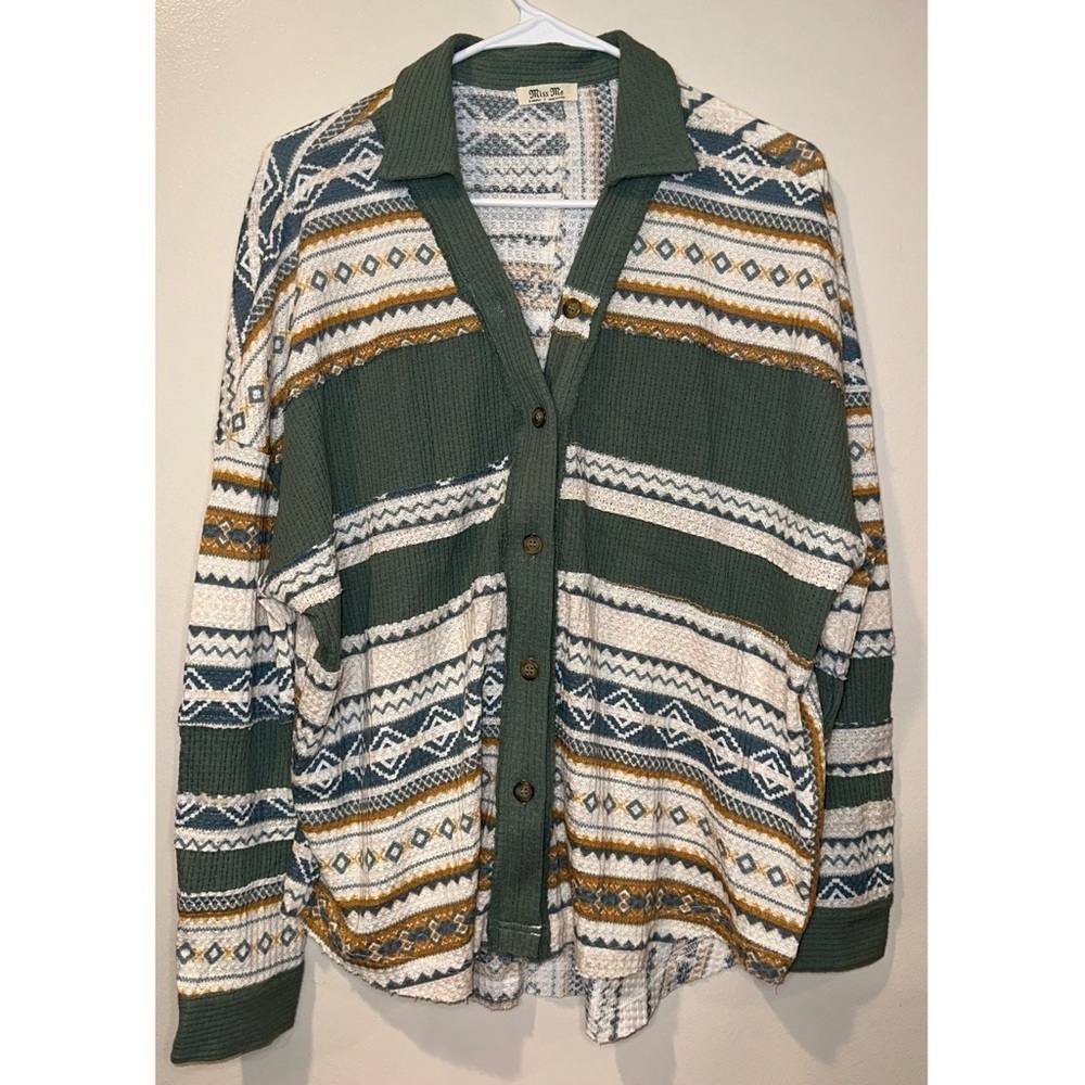 Miss Me‎ Women's Aztec Waffle Knit Button Front Cardigan Sage Green XS